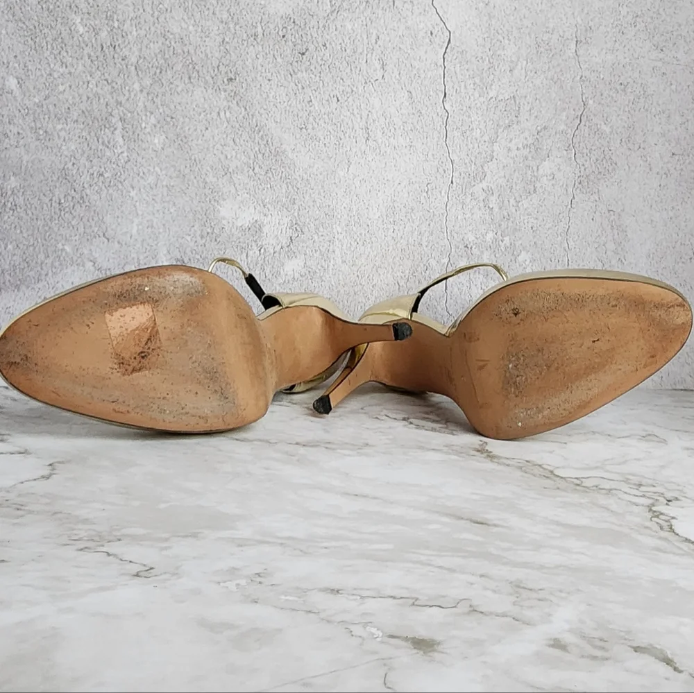 Brian Atwood. Gold Metallic Leather, T Strap Pumps Heels - Picture 8 of 16